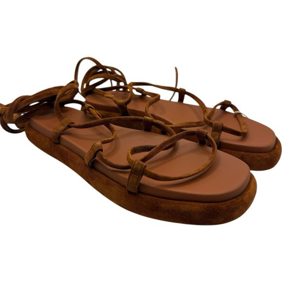 KHAITE Alba Brown Suede Leather Trimmed Strappy Tie Up Ankle Sandals Size 37 - Picture 2 of 15